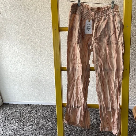 Roxy medium linen pants salmon color with rose and white stripes - Picture 1 of 5